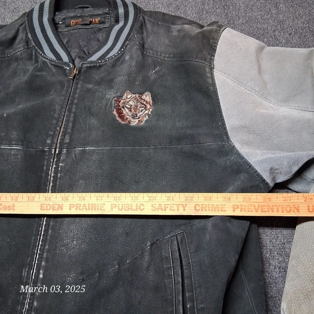 ** VTG Guide Gear Leather Stadium Jacket Wold Embroidered Size XXL Black Gray - Picture 7 of 12